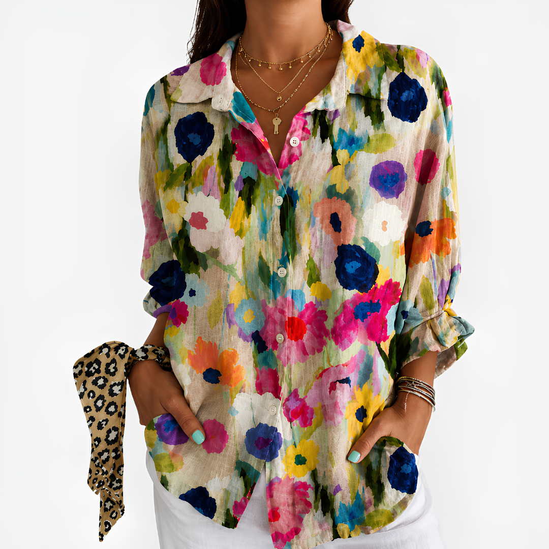 Hayley – Cream Multi Cobalt and Pink Watercolour Button-Up Blouse