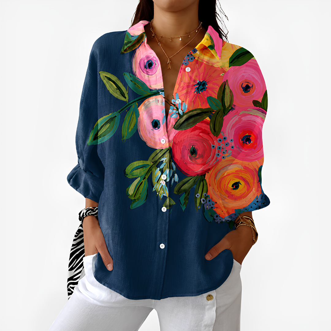 Gillian – Navy Blue Navy Painted Bouquet Button-Up Blouse