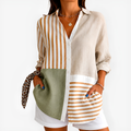 Edna | Women's Neutral Colour-Block Stripe Button-Up Blouse