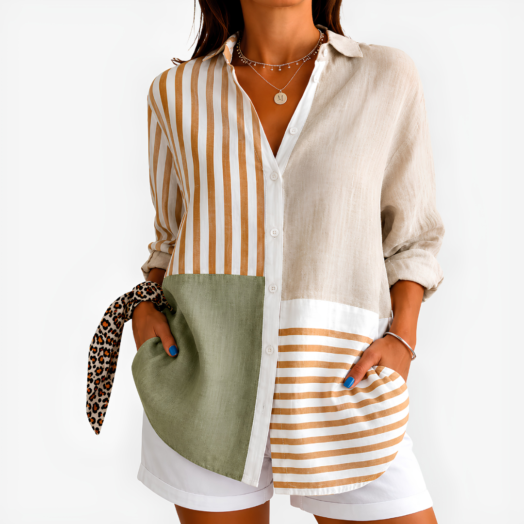 Edna – Beige Multi Neutral Colour-Block Stripe Button-Up Blouse
