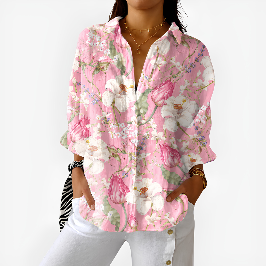 Catherine – Blush Pink Lily and Tulip Print Button-Up Blouse