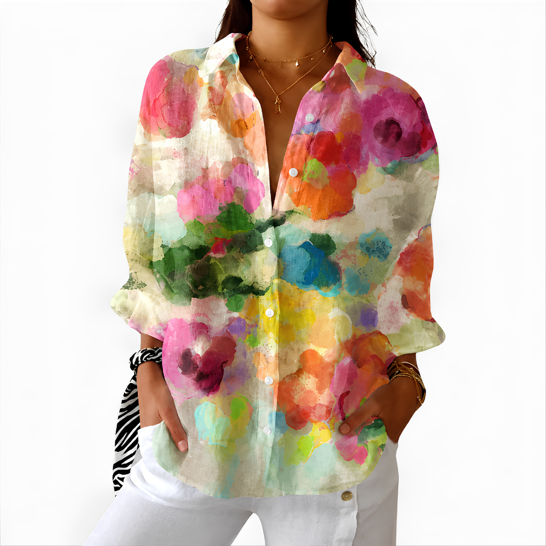 Dominique – Multicolour Cream Watercolour Bloom Button-Up Blouse