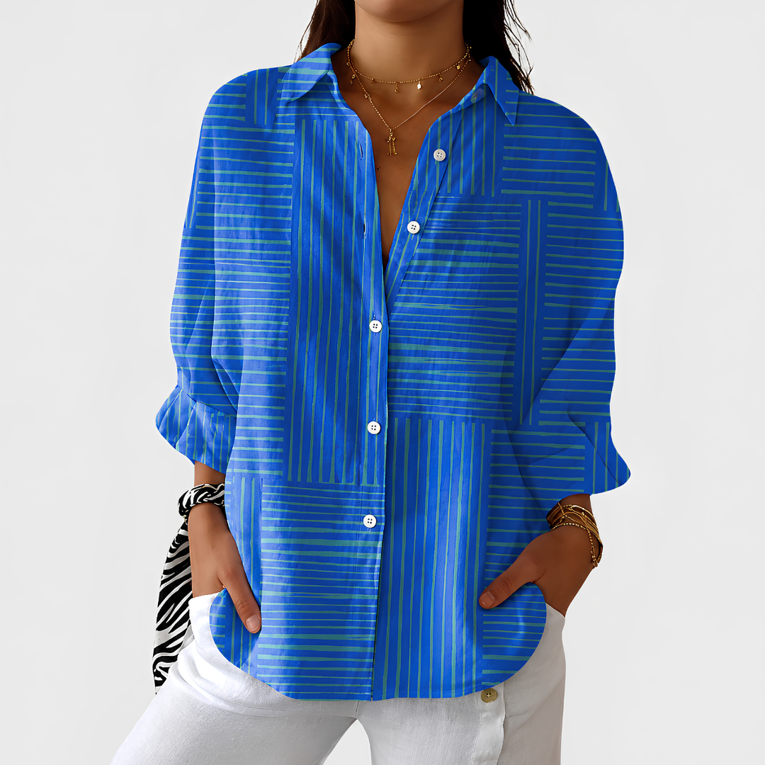Doreen – Cobalt Blue Cobalt Block Stripe Button-Up Blouse