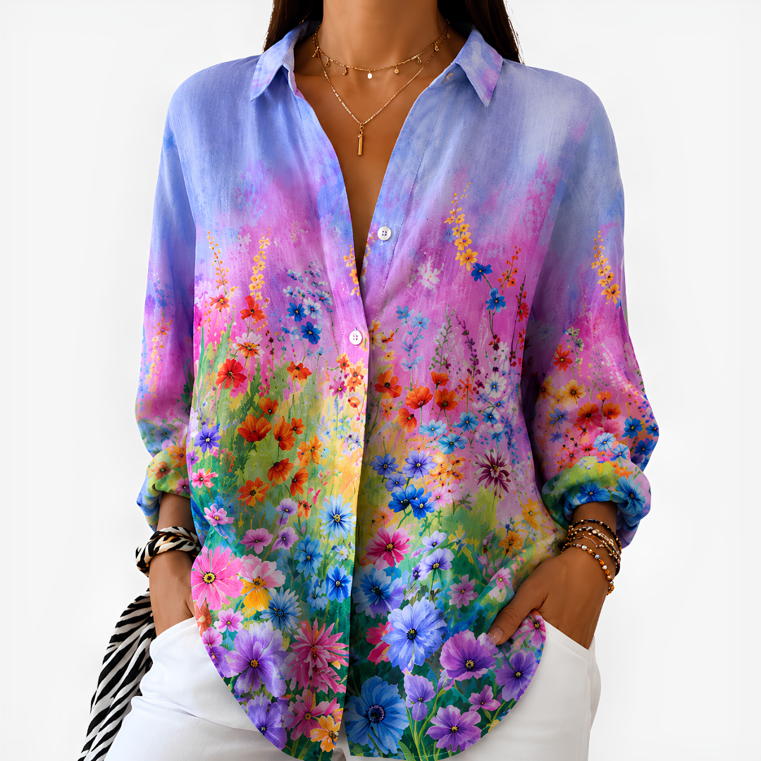 Cheryl – Lavender Wildflower Meadow Ombre Button-Up Blouse