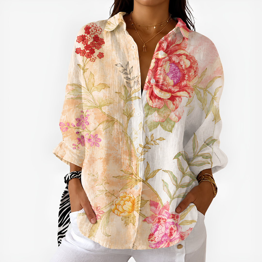 Felicia – Apricot Vintage Peony Botanical Button-Up Blouse
