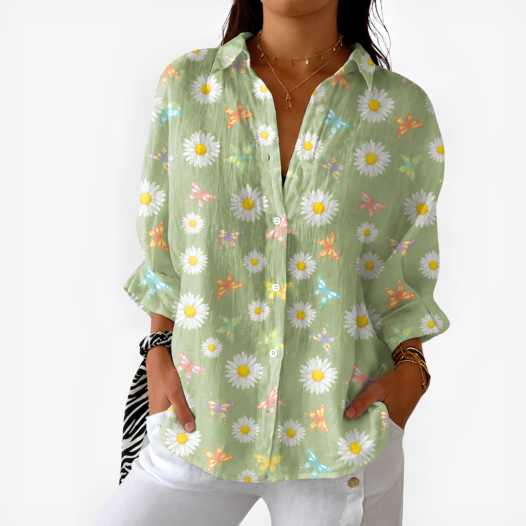 Deirdre – Sage Green Daisy and Butterfly Print Button-Up Blouse