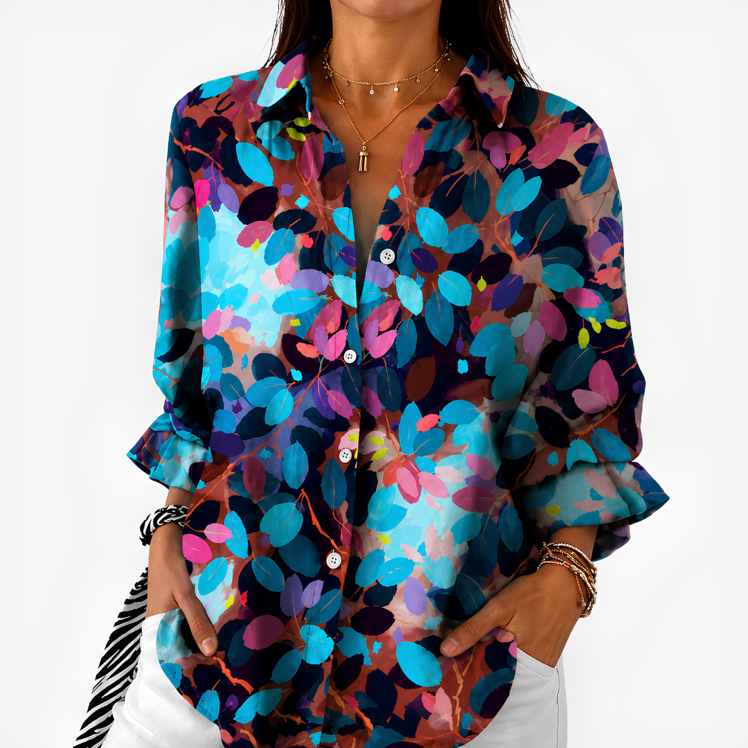 Ellen – Navy & Turquoise Jewel-Tone Leaf Print Button-Up Blouse