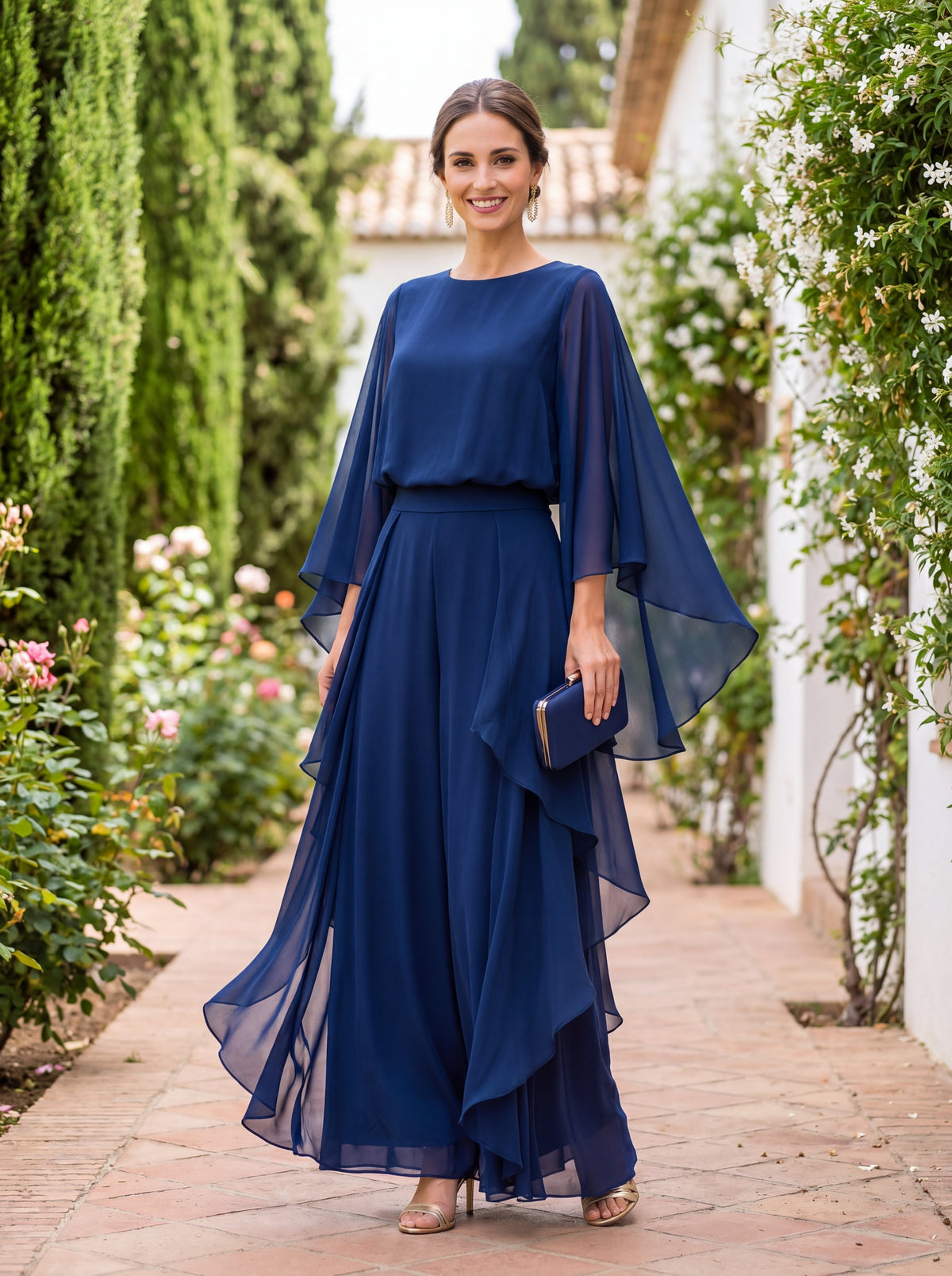 Elvina Chiffon Cape-Sleeve Two-Piece Trouser Set in Blue