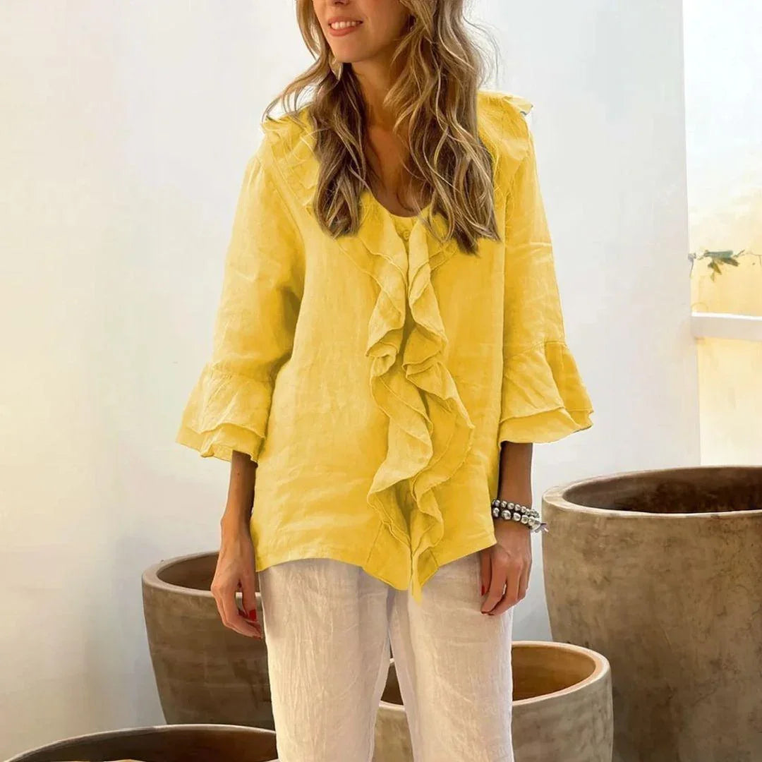 Clemence Ruffle-Front Blouse in Yellow