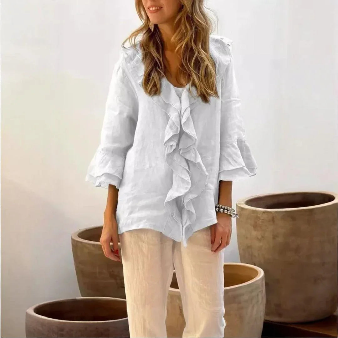 Clemence Ruffle-Front Blouse in White