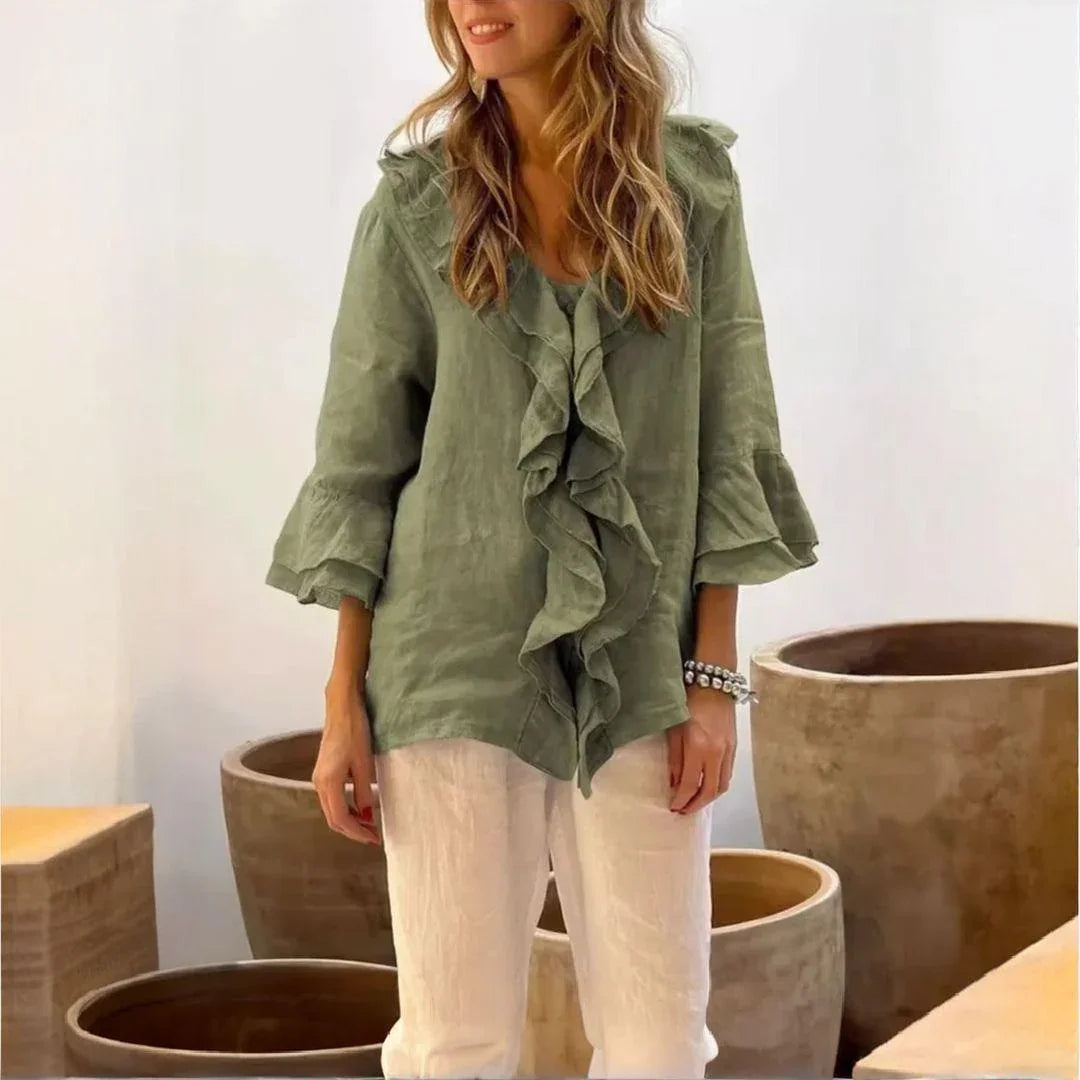 Clemence Ruffle-Front Blouse in Green