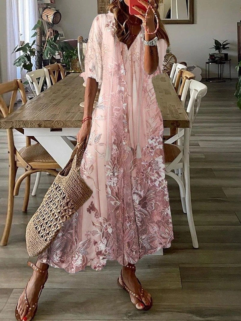 Costanza – Floral Pink Women's Lace Trim Button V-Neck Midi Dress