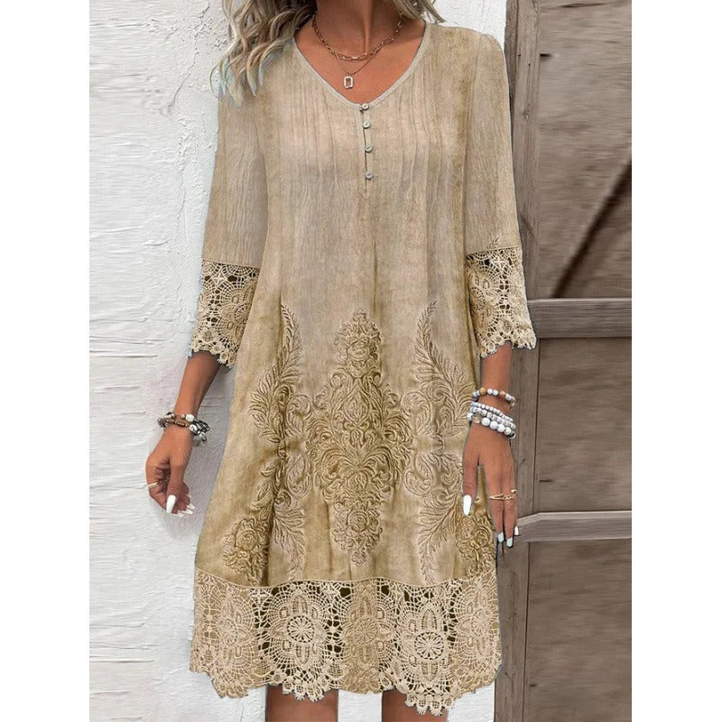 Costanza – Khaki Women's Lace Trim Button V-Neck Midi Dress