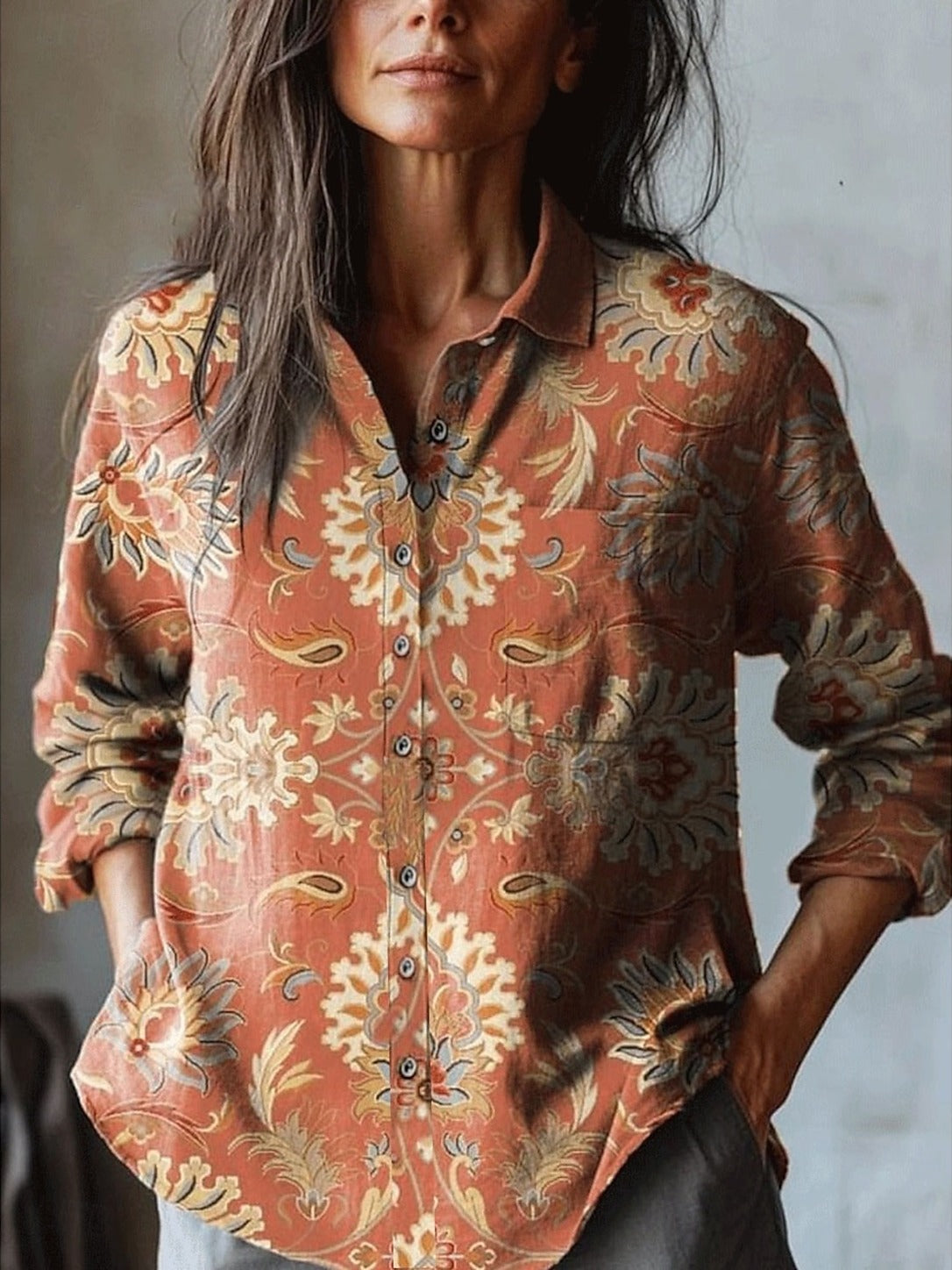 Bonita – Orange Baroque Floral Print Button-Down Shirt