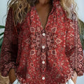 Lucette | Women's Red Floral Medallion Button-Down Blouse