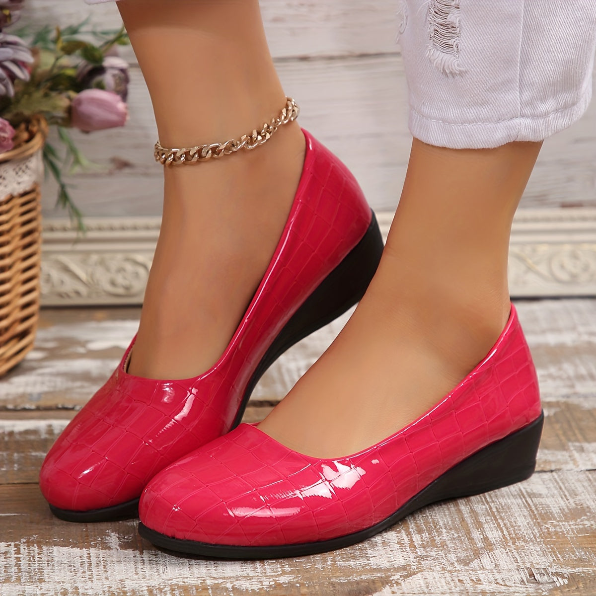 Coral Glossy Low-Wedge Pumps