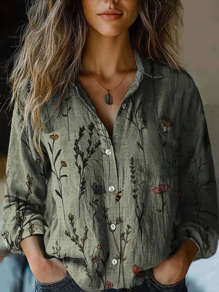 Alethea – Sage Green Artistic Print Lapel Button-Down Shirt