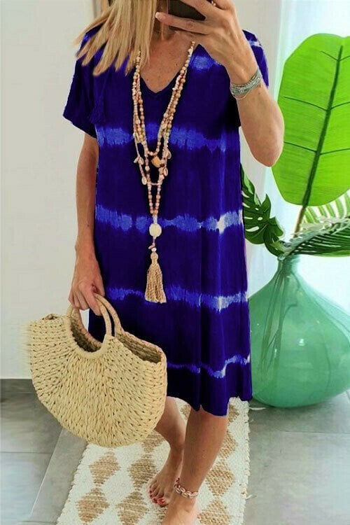 Giulietta – Royal Blue Women's Tie-Dye Stripe V-Neck T-Shirt Dress