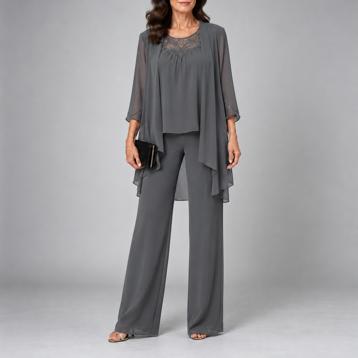 Alice Three-Piece Chiffon Set - Grey front