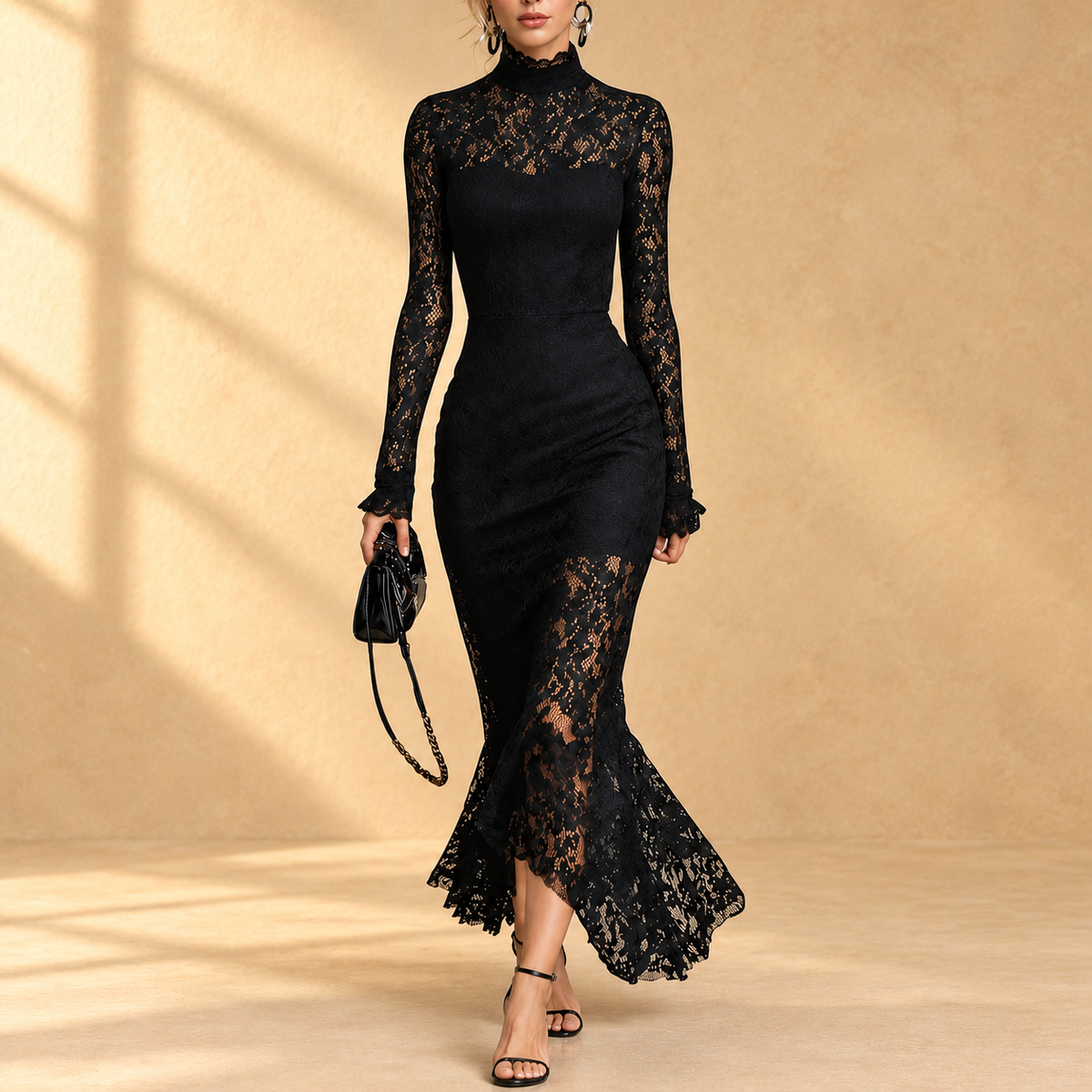 Ariane Mock-Neck Lace Evening Dress