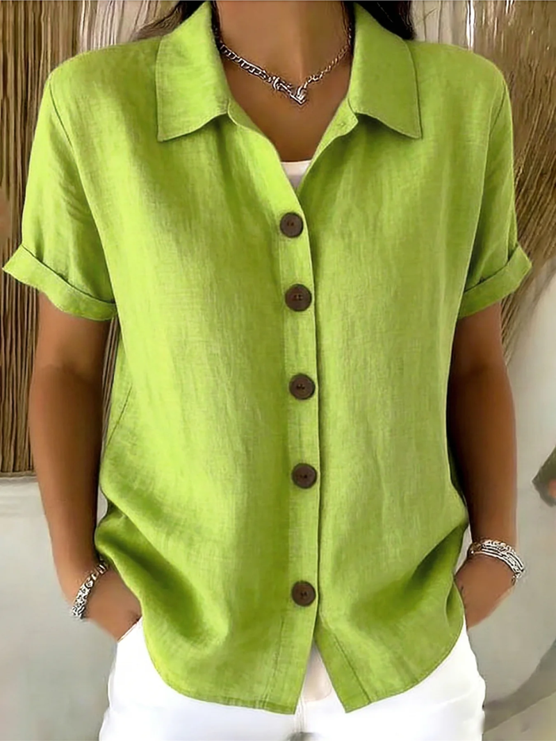 Rosalba – Lime Green Women's Short-Sleeve Button-Up Shirt