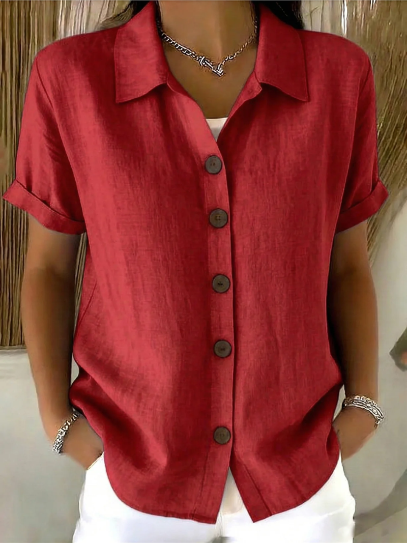 Rosalba – Red Women's Short-Sleeve Button-Up Shirt