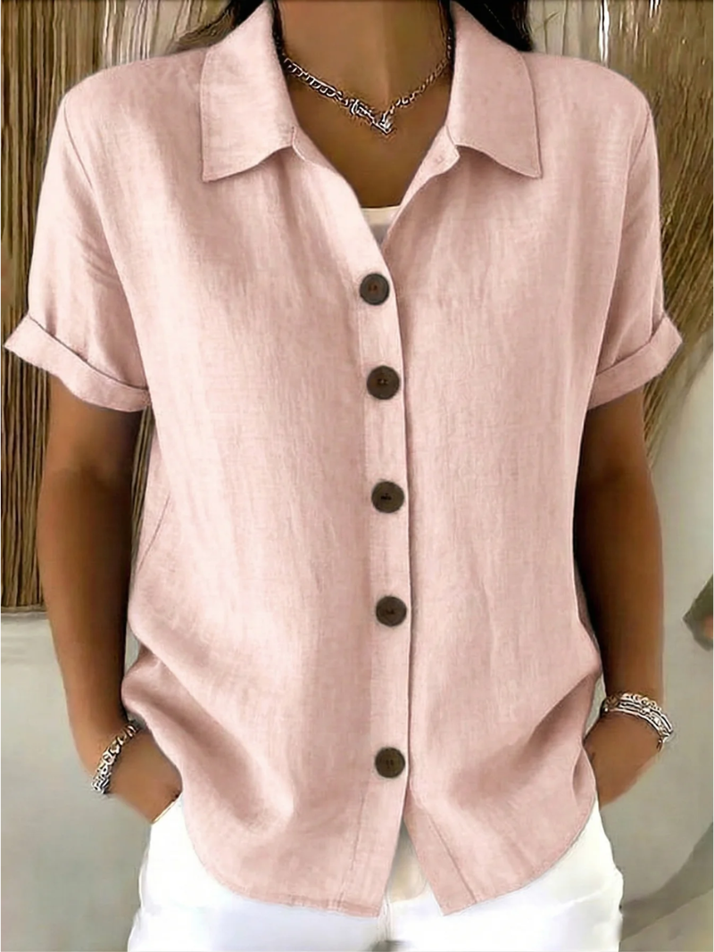 Rosalba – Pink Women's Short-Sleeve Button-Up Shirt