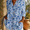 Clarabel | Women's Blue Floral Longline Button-Down Shirt