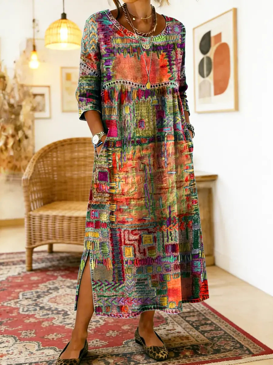 Manuela | Denim dress with ethnic patchwork