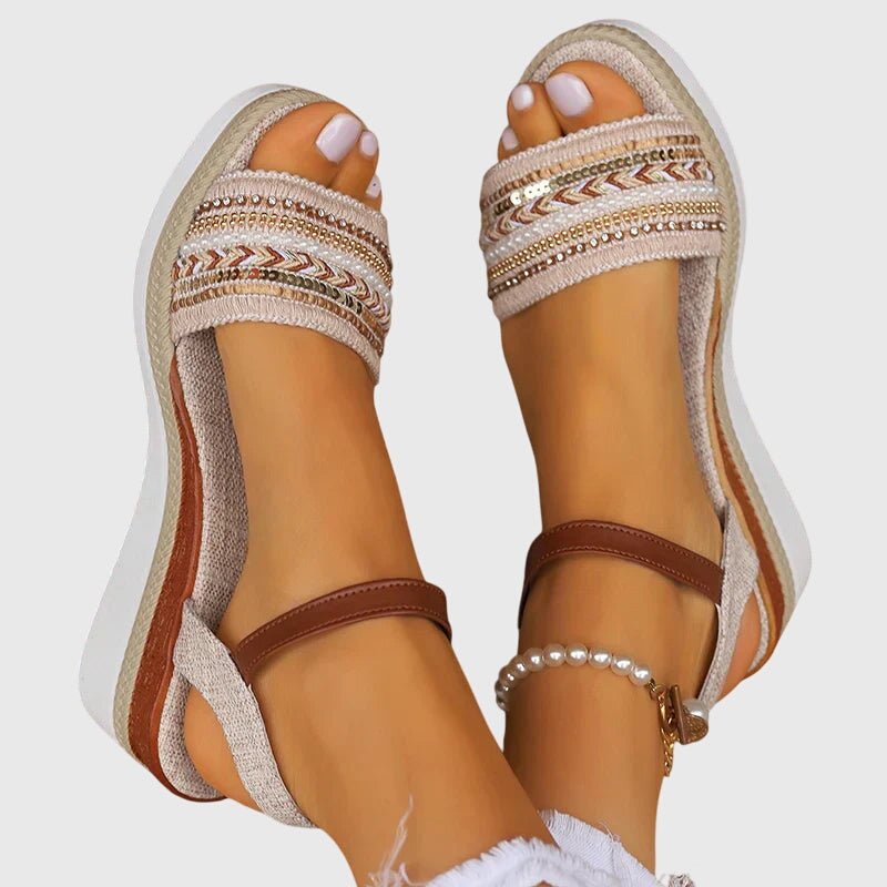Esmae sandals top-down view of embellished band and wedge