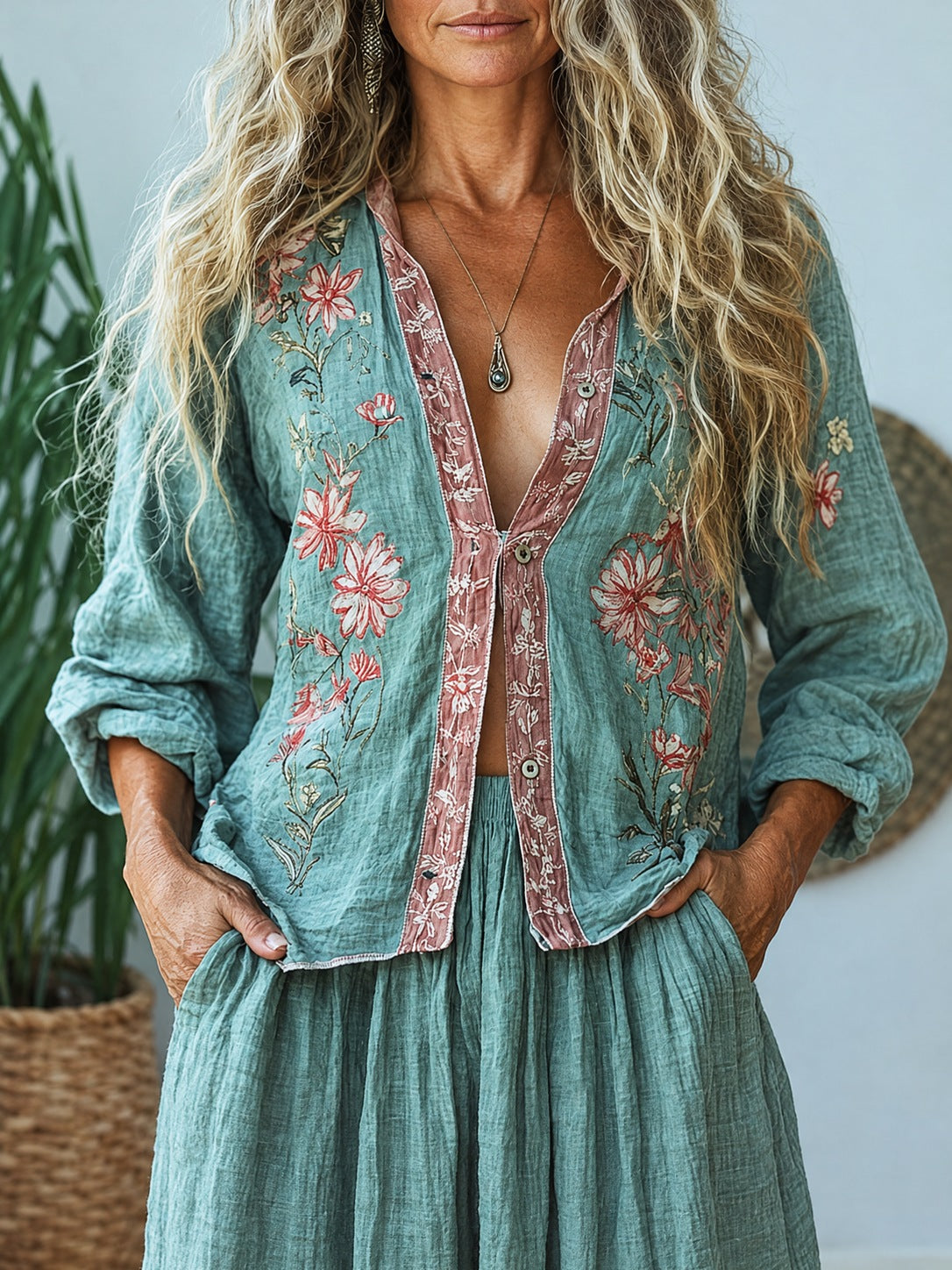 Mairead – Teal Linen Floral Embroidered Shirt