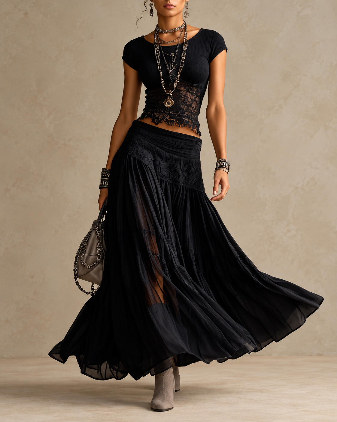 Black Sheer Lace-Paneled Top and Pleated Maxi Skirt Set