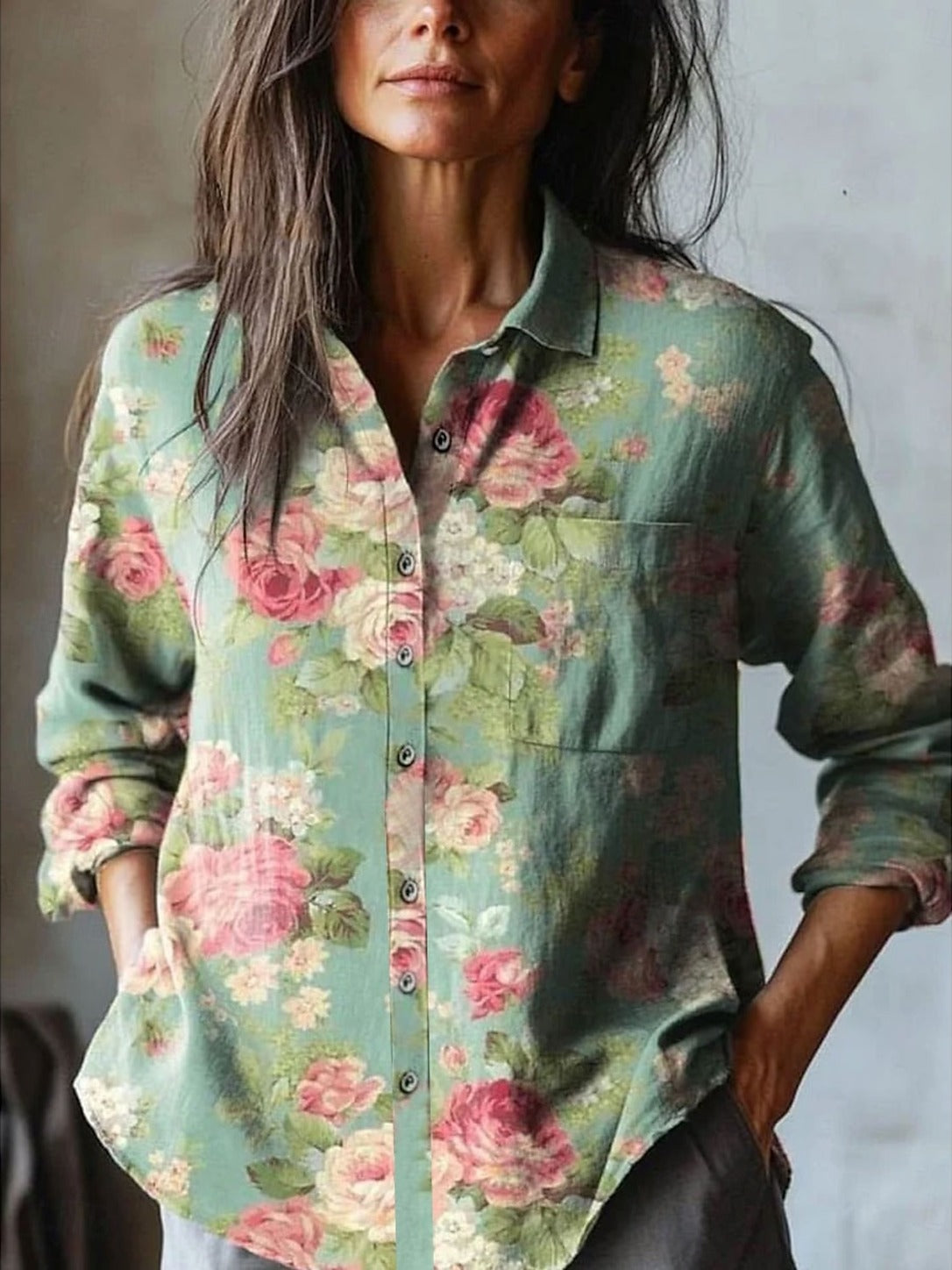 Bonita – Green Baroque Floral Print Button-Down Shirt