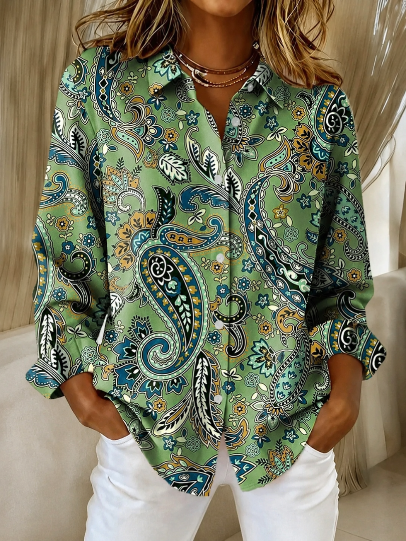 Katarina Womens Paisley Print Button-Up Shirt in Green