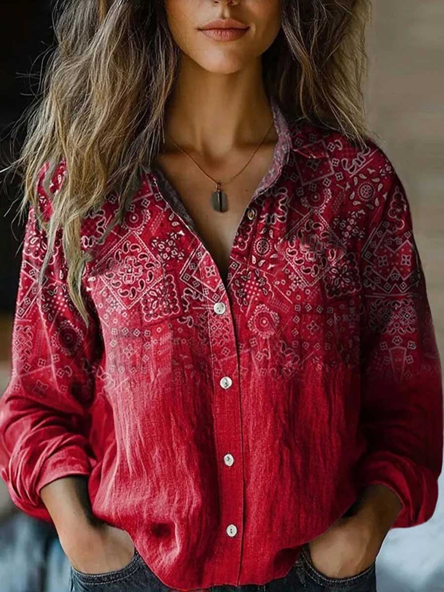Alethea – Red Artistic Print Lapel Button-Down Shirt