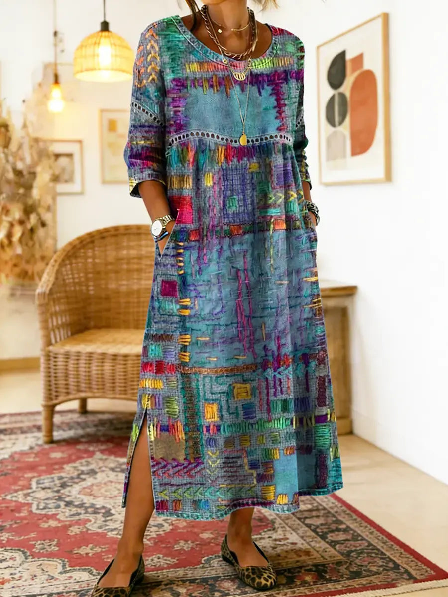 Manuela | Denim dress with ethnic patchwork