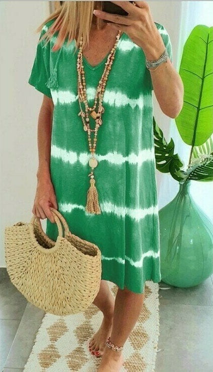 Giulietta – Green Women's Tie-Dye Stripe V-Neck T-Shirt Dress