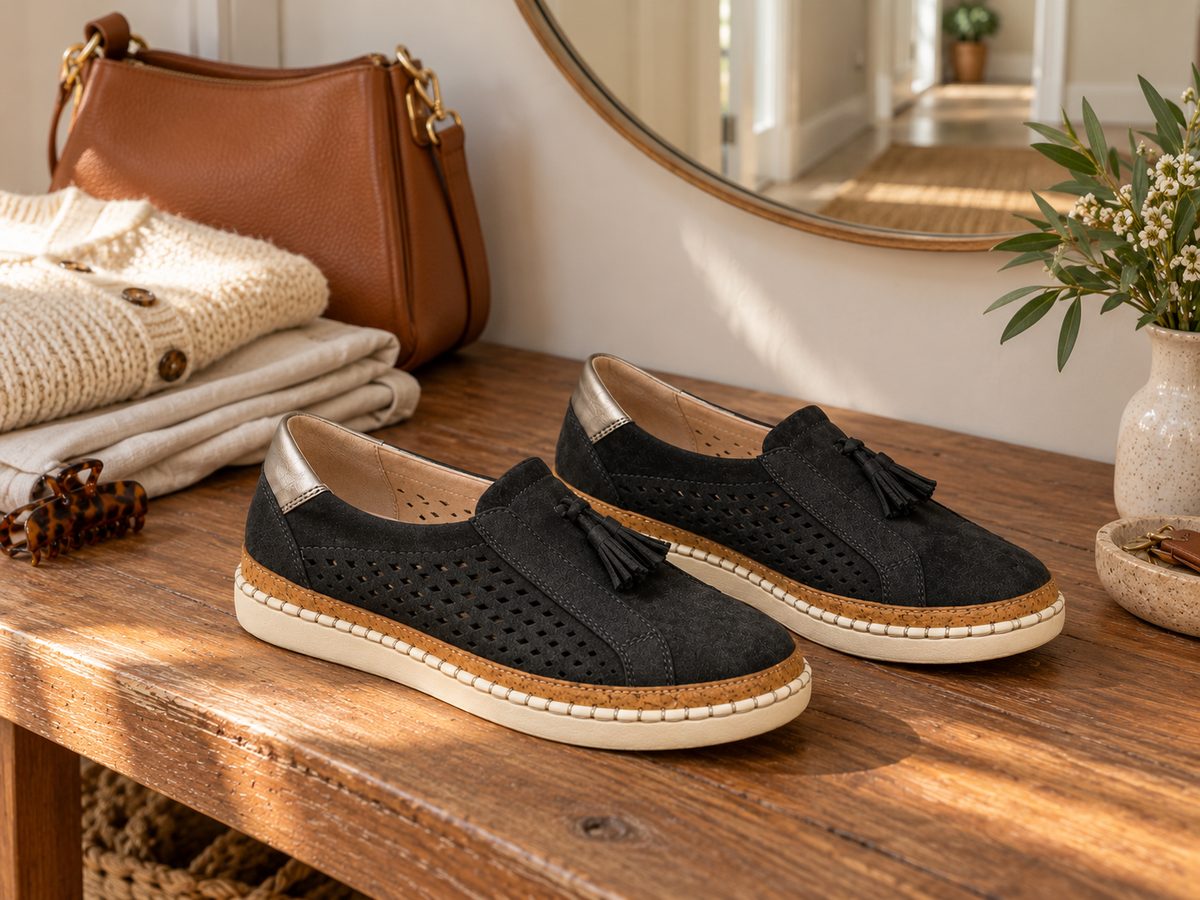 The black pair, with the tassel and metallic heel tab.