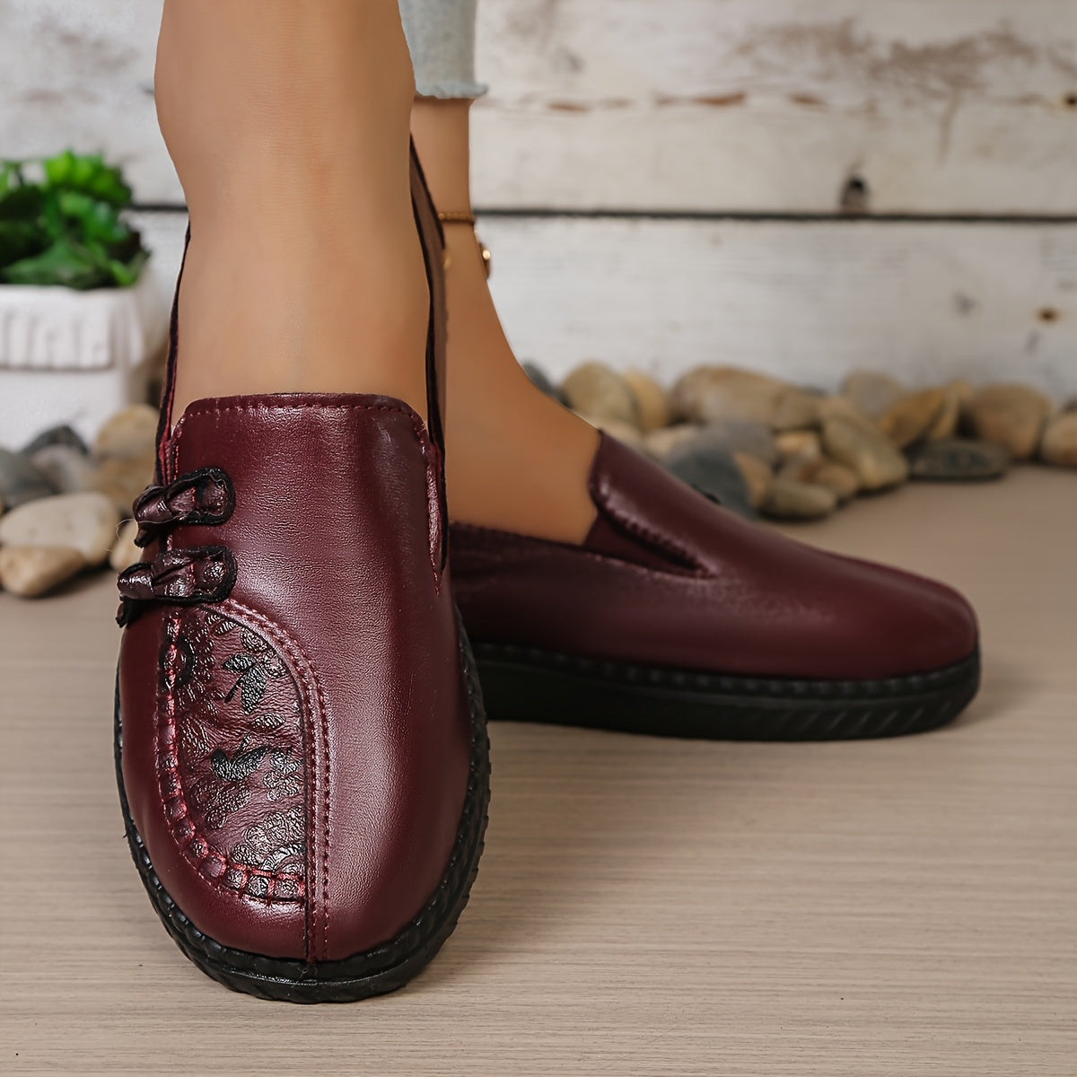 Rhoda Floral Detail Comfort Loafers - Burgundy