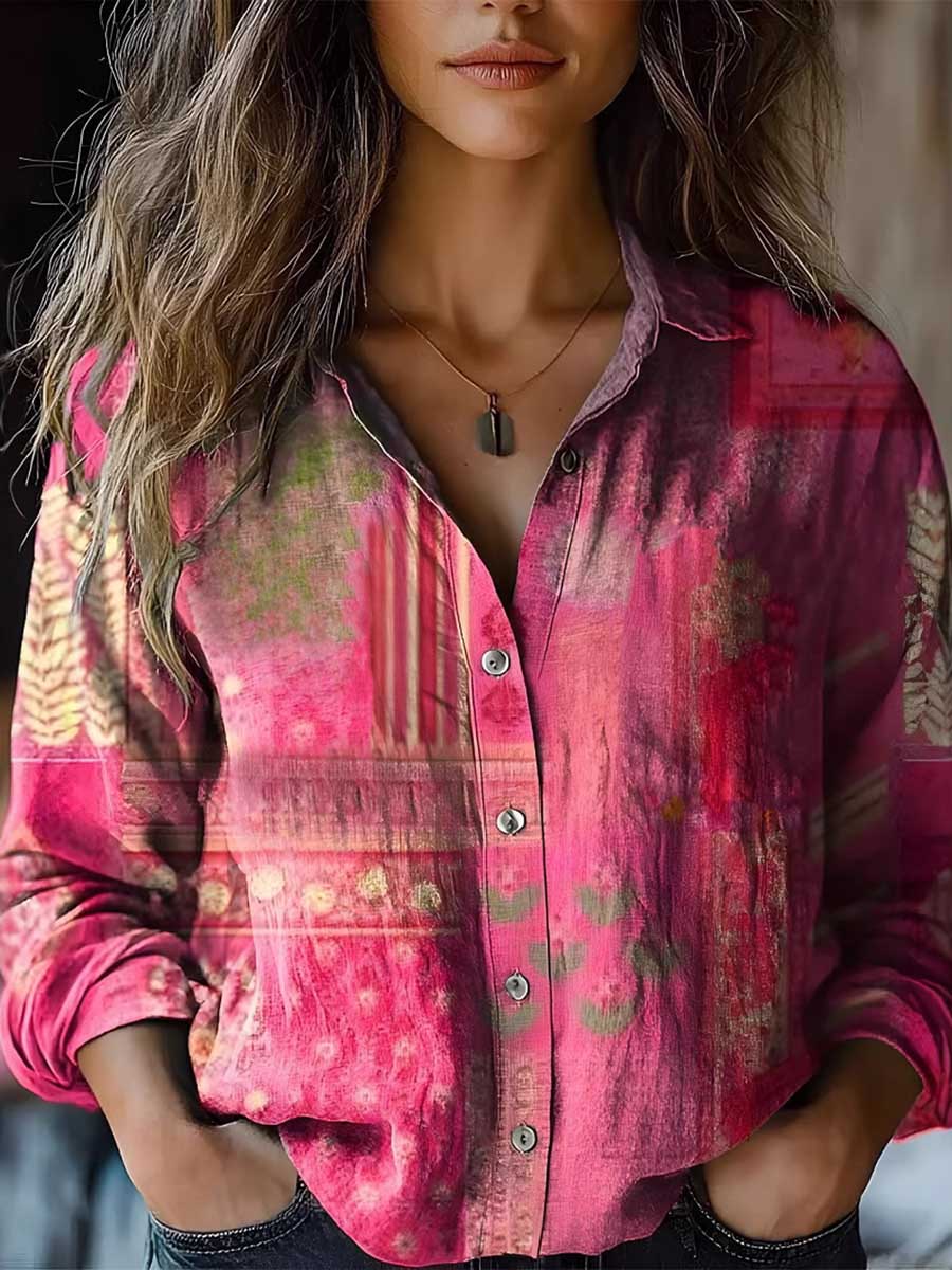 Alethea – Pink Patchwork Artistic Print Lapel Button-Down Shirt