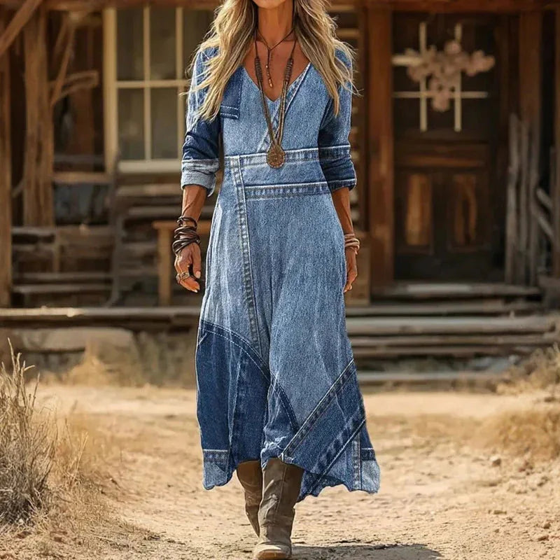 Delphia Denim-Look Patchwork Maxi Dress in Indigo Blue