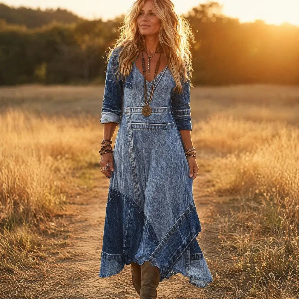 Delphia Denim-Look Patchwork Maxi Dress worn outdoors