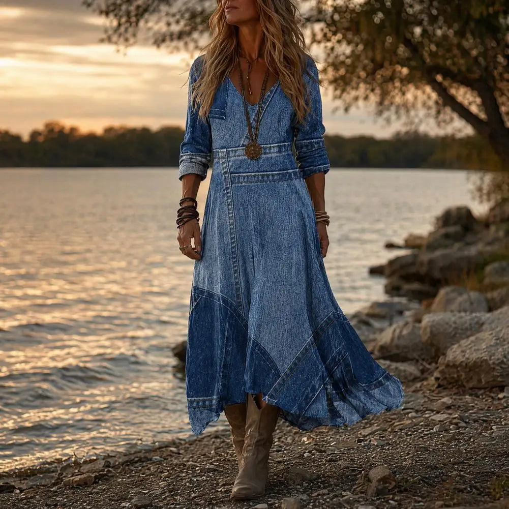 Delphia Denim-Look Patchwork Maxi Dress flowing skirt