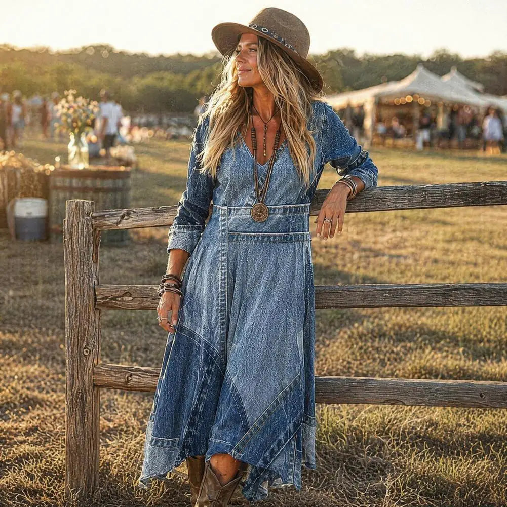 Delphia Denim-Look Patchwork Maxi Dress styled with boots