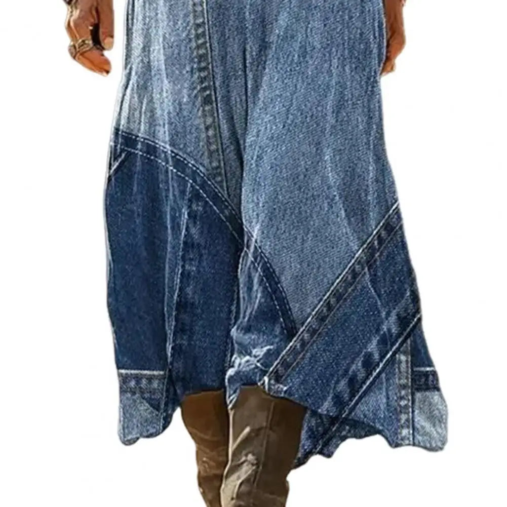 Delphia Denim-Look Patchwork Maxi Dress skirt detail
