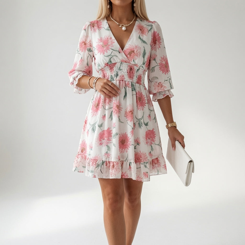 Églantine™ — Floral Mini Dress with Smocked Waist