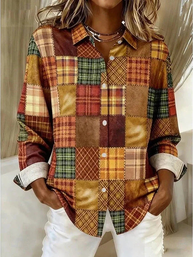 Merritt Womens Vintage Patchwork Button Shirt in Light Brown