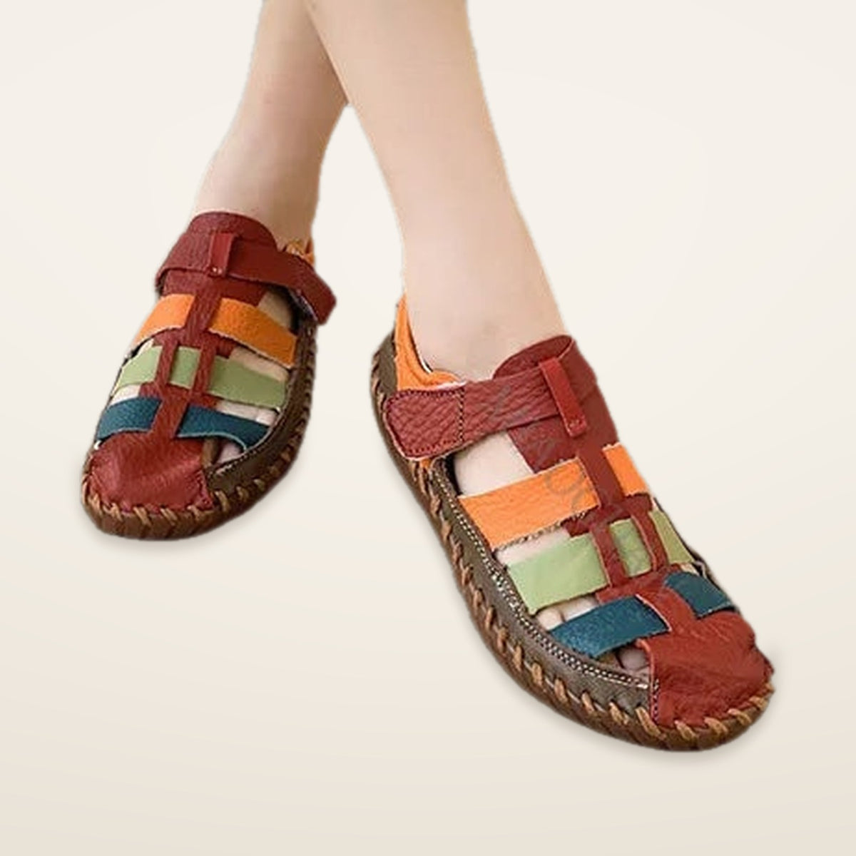 Peggy – Red Multi Orthopaedic Closed-Toe Colour-Block Fisherman Sandals