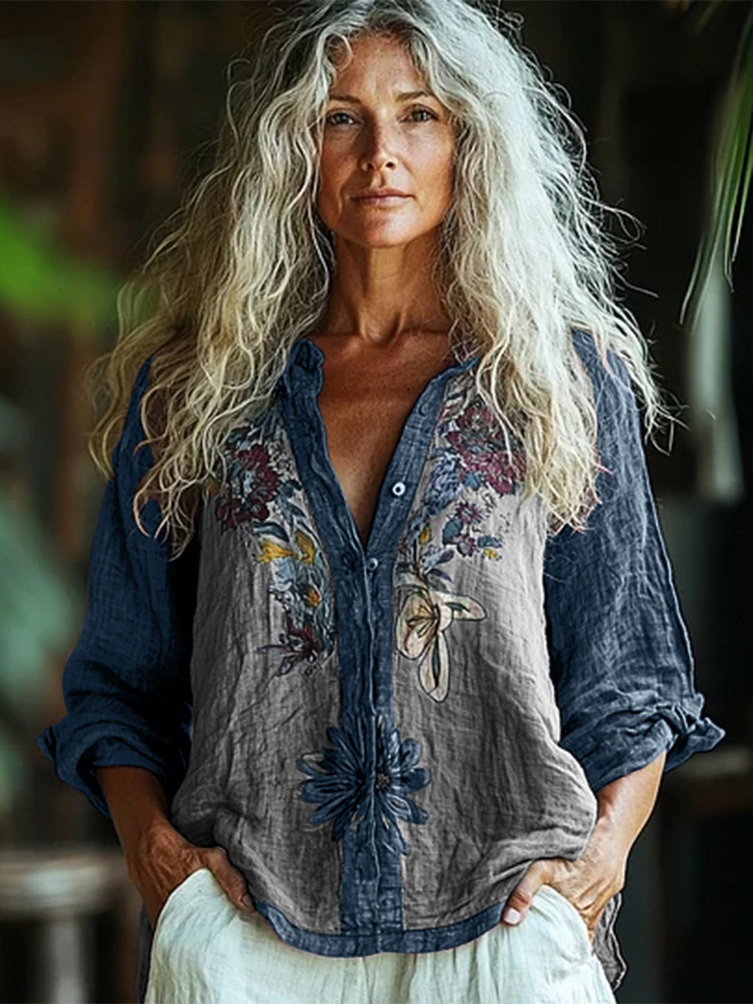 Primula – Grey & Navy Boho Floral Panel Button-Down Shirt