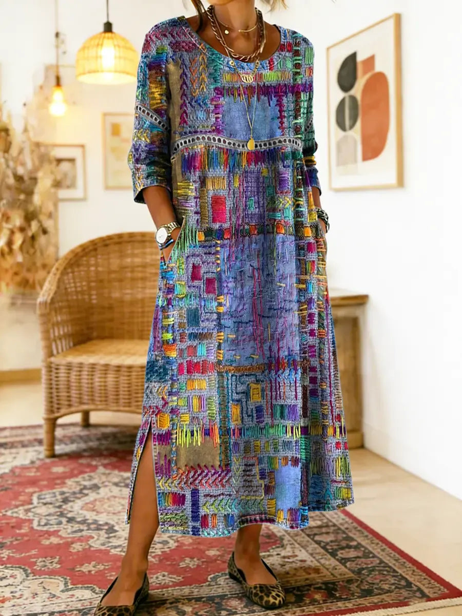 Manuela | Denim dress with ethnic patchwork